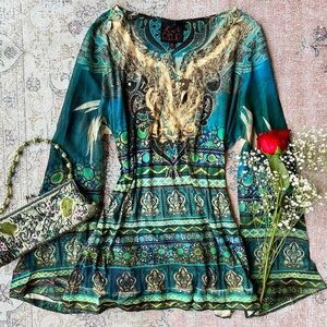 Faircore whimsical long sleeve top with beaded details and bell sleeves